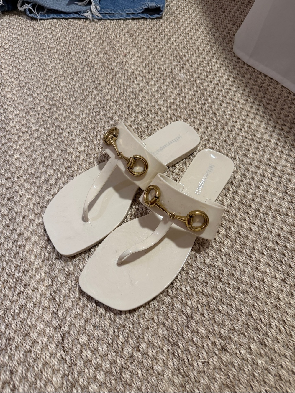 Jeffrey Campbell Cream Thong Sandals with Gold Horsebit